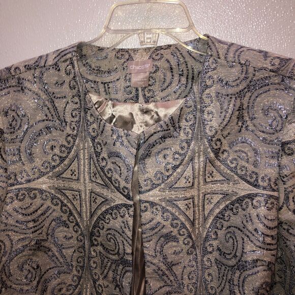 Chicos Size 3 P Silver Jacquard Brown Faux Fur Cuffs Jacket Coat US 16 18 Petite - Picture 4 of 9